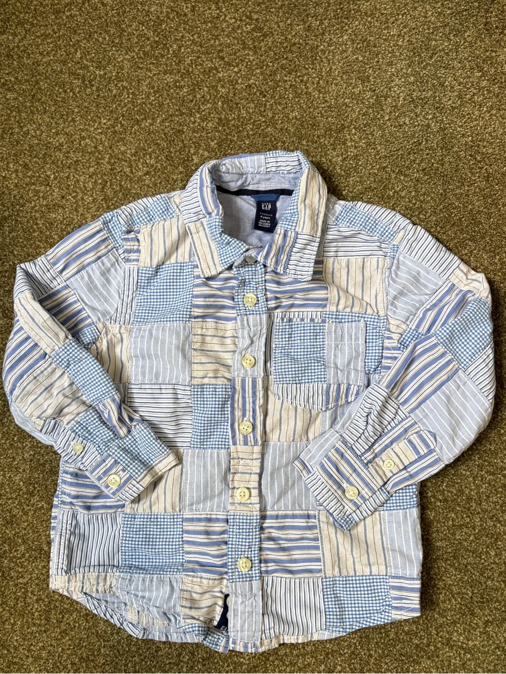 Baby GAP Boys Patchwork Button-Up Shirt in Light Blue & White 4 years
